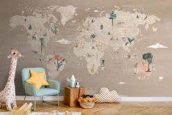 Best Behang Wereldkaart | Beige Dieren|Behang