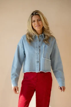Sale Oversized cropped blouse Mary | Blue denim | DAMES Blouses|Tops