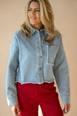Sale Oversized cropped blouse Mary | Blue denim | DAMES Blouses|Tops
