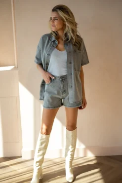 Sale Oversized denim blouse studs Didi | Mid grey | DAMES Co-ords|Blouses